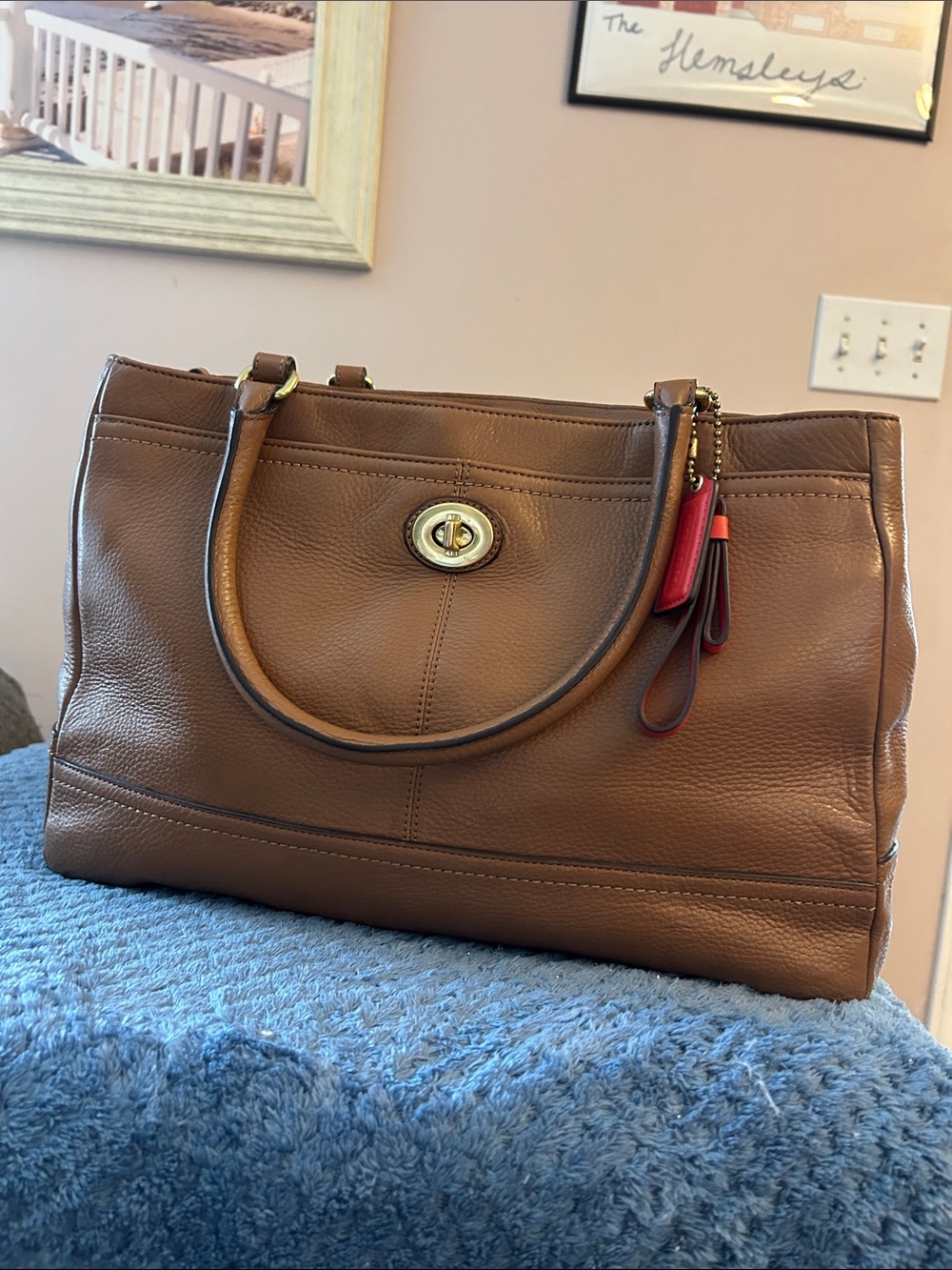 Coach Park Carryall Brown Pebbled Leather Satchel with Red Tag Accent